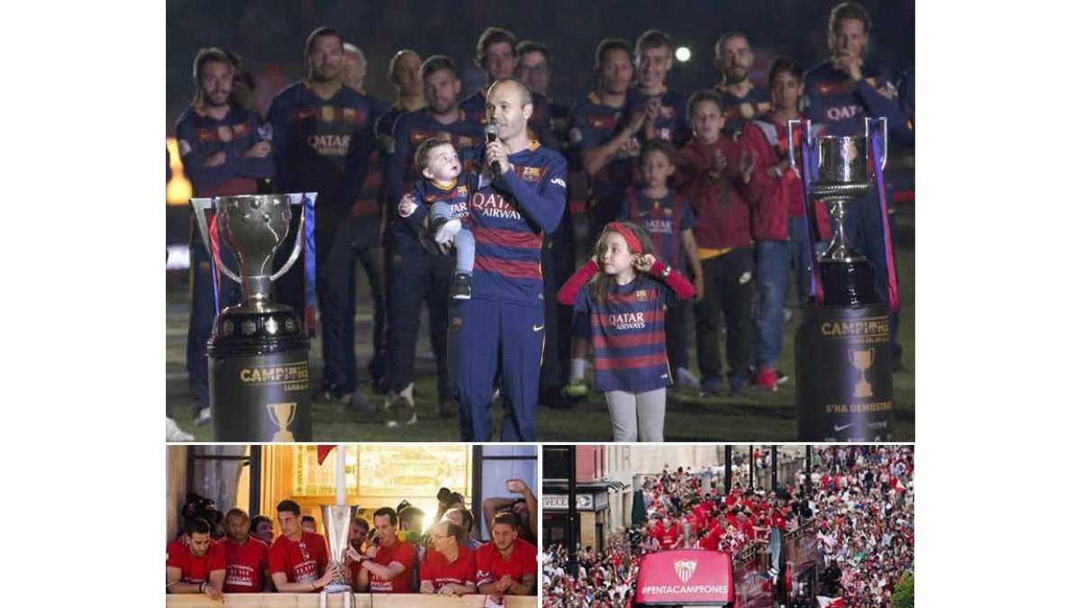La celebración del Barcelona, arriba, y la del Sevilla, en las dos imágenes de abajo. RAÚL CARO
