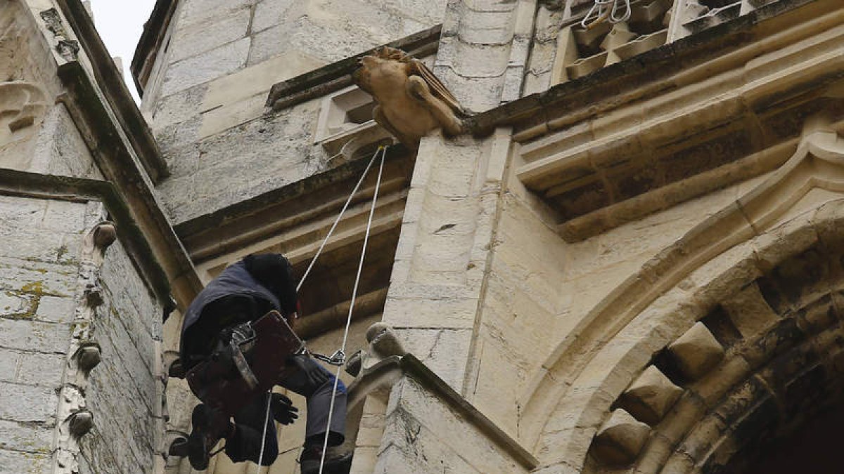 Imagen de los trabajos realizados tras el desprendimiento de parte de la piedra de la torre sur de la Catedral