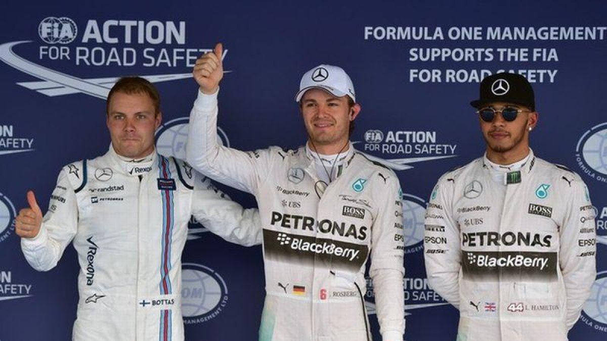 Valtteri Bottas, Nico Rosberg y Lewis Hamilton.