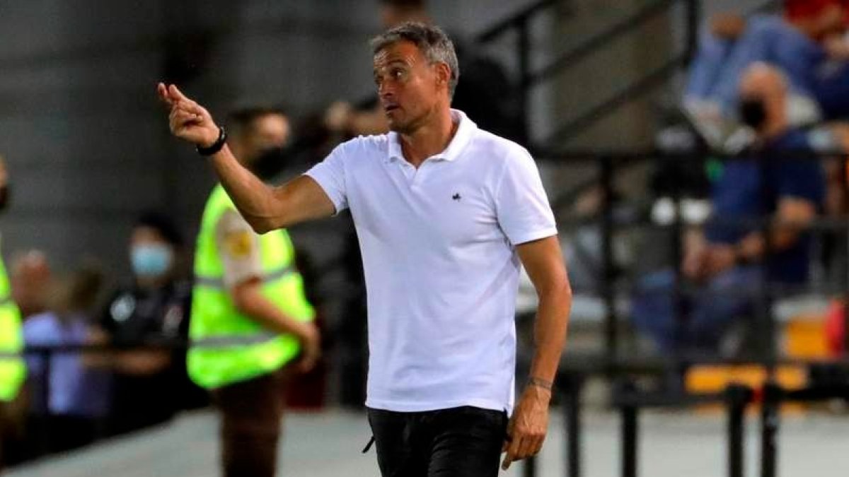 Luis Enrique dando instrucciones a sus jugadores en el partido ante Georgia. JUANJO MARTÍN