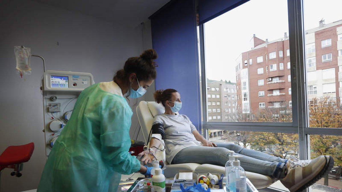 Natalia prepara el brazo de Mercedes para iniciar la donación de plasma. JESÚS F. SALVADORES