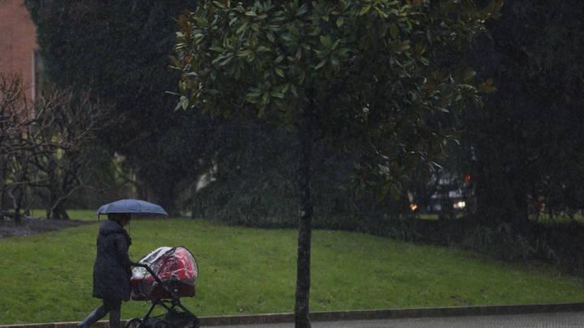Una mujer pasea con un carrito de bebé en medio de una fuerte racha de viento y lluvia