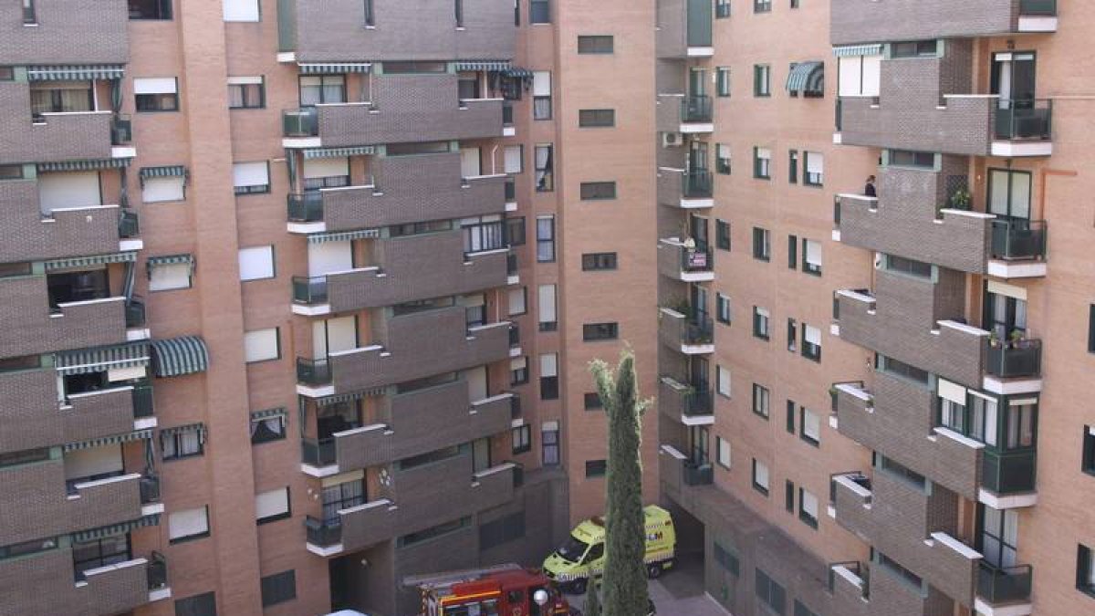 Interior de la urbanización en la avenida del Pinar 35, en Alcorcón, donde vive la auxiliar de enfermería infectada por ébola a la que han accedido, para trasladar a su mascota Excálibur con el fin de ser sacrificado ante el riesgo de que también sea port