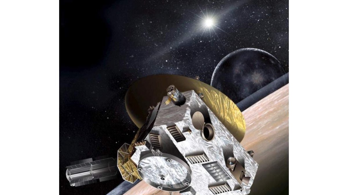 Ilustración de la sonda ‘New Horizons’ alrededor de Putón con su luna Charon al fondo.