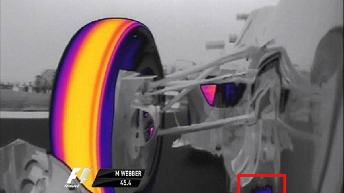 El monoplaza de Webber, grabado con una cámara de infrarrojos que revela el sobrecalentamiento de la bandeja de té (recuadrada en rojo).
