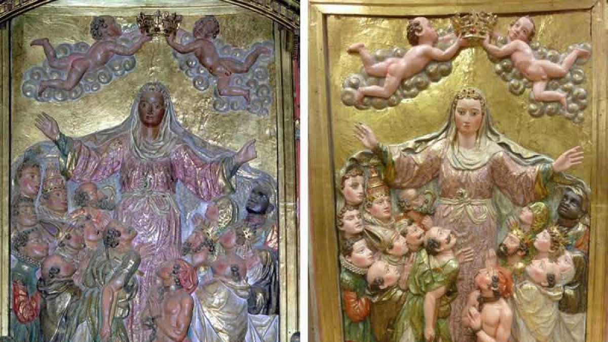 A la izquierda, el relive de la Virgen de Los Milagros antes de su restauración y, a la derecha, como se podrá ver en Botines.