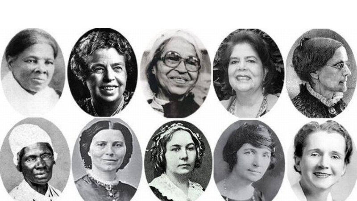 De izquierda a derecha y de arriba abajo: Harriet Tubman, Eleanor Roosevelt, Rosa Parks, Wilma Mankiller, Susan B. Anthony, Sojourner Truth, Clara Barton, Elizabeth Lady Stanton, Margaret Sanger y Rachel Carson.
