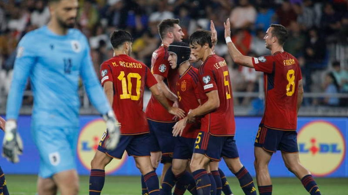 Las felicitaciones de los jugadores españoles por marcar se elevaron en esta ocasión hasta en siete veces frente a Georgia. MDZINARISHVILI