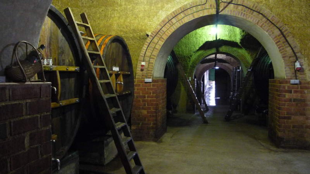 Aspecto general de la bodega, con las dos grandes tinas, ‘Virgen de Covadonga’ y ‘Virgen de Oteruelo’, a la izquierda. B. FERNÁNDEZ