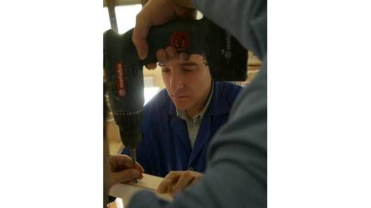 Un joven sujeta el ramo de madera para ayudar a su compañero
