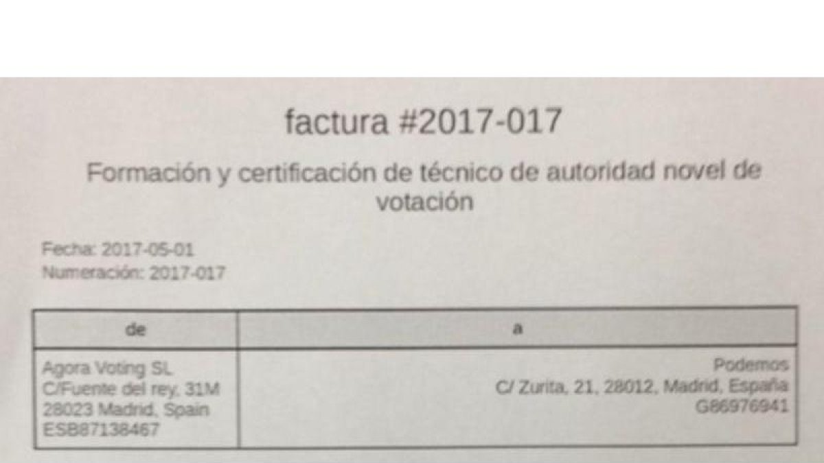 Factura de Agora Voting a Podemos por la formación de autoridad en sistemas de votación.