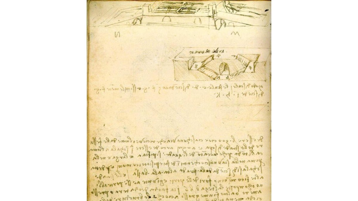 Imagen del Manuscrito B, tal y como lo escribió Da Vinci, con las letras al revés, y el documento proyectado en el espejo.