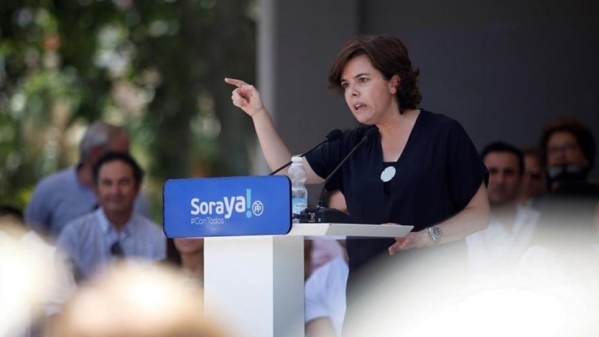 Soraya Sáenz de Santamaría, esta mañana en su primer acto de campaña interna, en Málaga.
