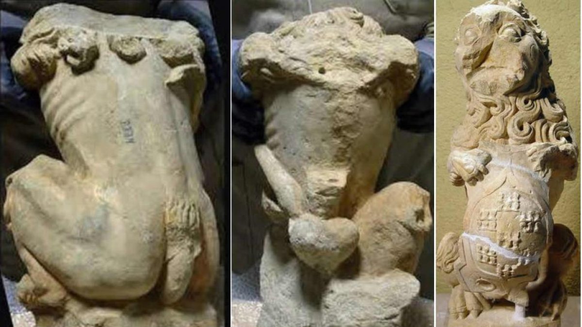 Imágenes de los leones, uno de ellos restaurado en 2003