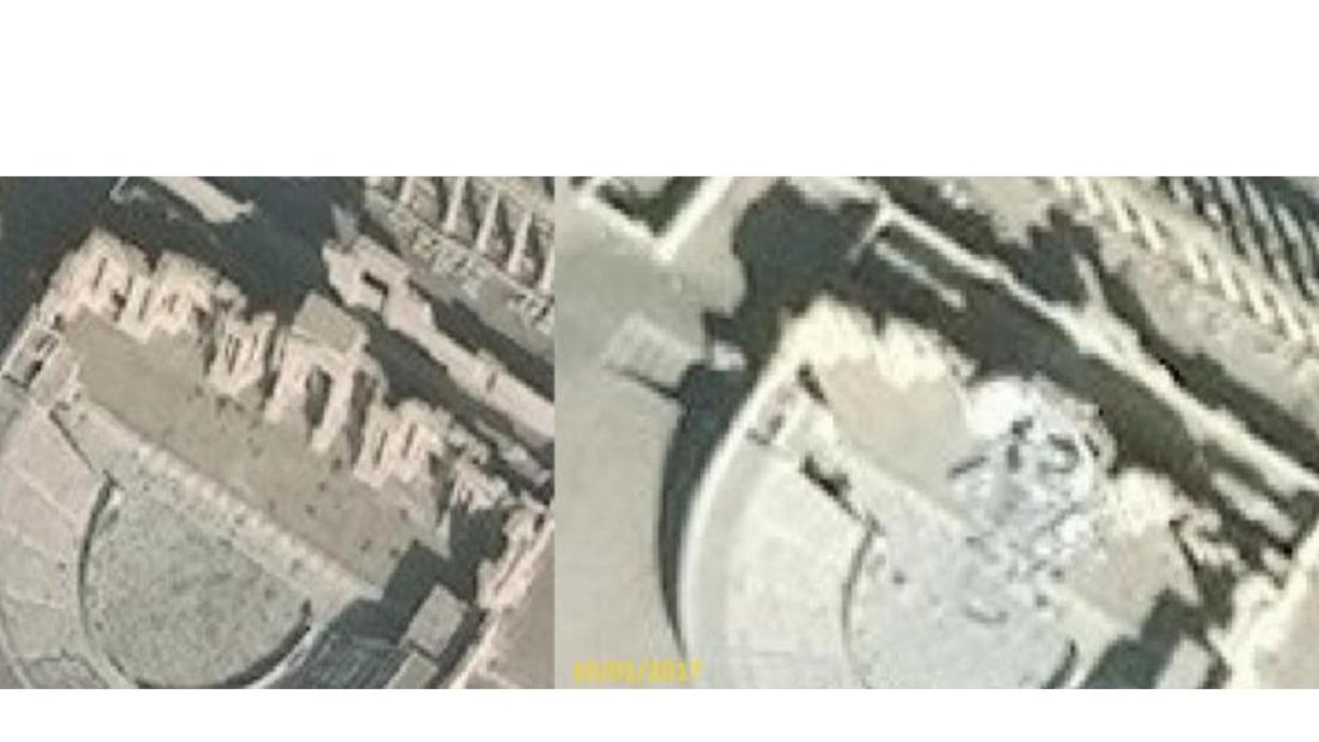 El teatro romano de Palmira, antes y después de los destrozos del Estado Islámico.
