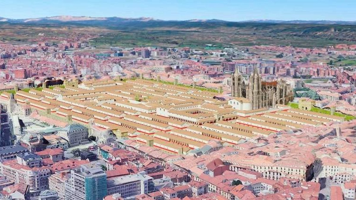 Recreación realizada por el catedrático de Arqueología Ángel Morillo en el que el León romano está superpuesto al actual. CORTESÍA DE ÁNGEL MORILLO