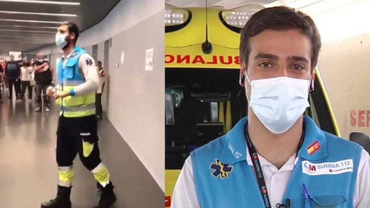 El enfermero berciano durante su monólogo en el centro Wanda Motropolitano y una entrevista en RTVE. RTVE