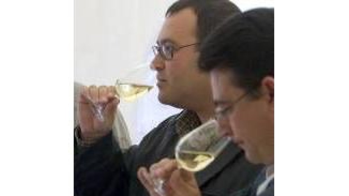 Imagen de una cata de vino blanco con el distintivo de calidad de los caldos del Bierzo