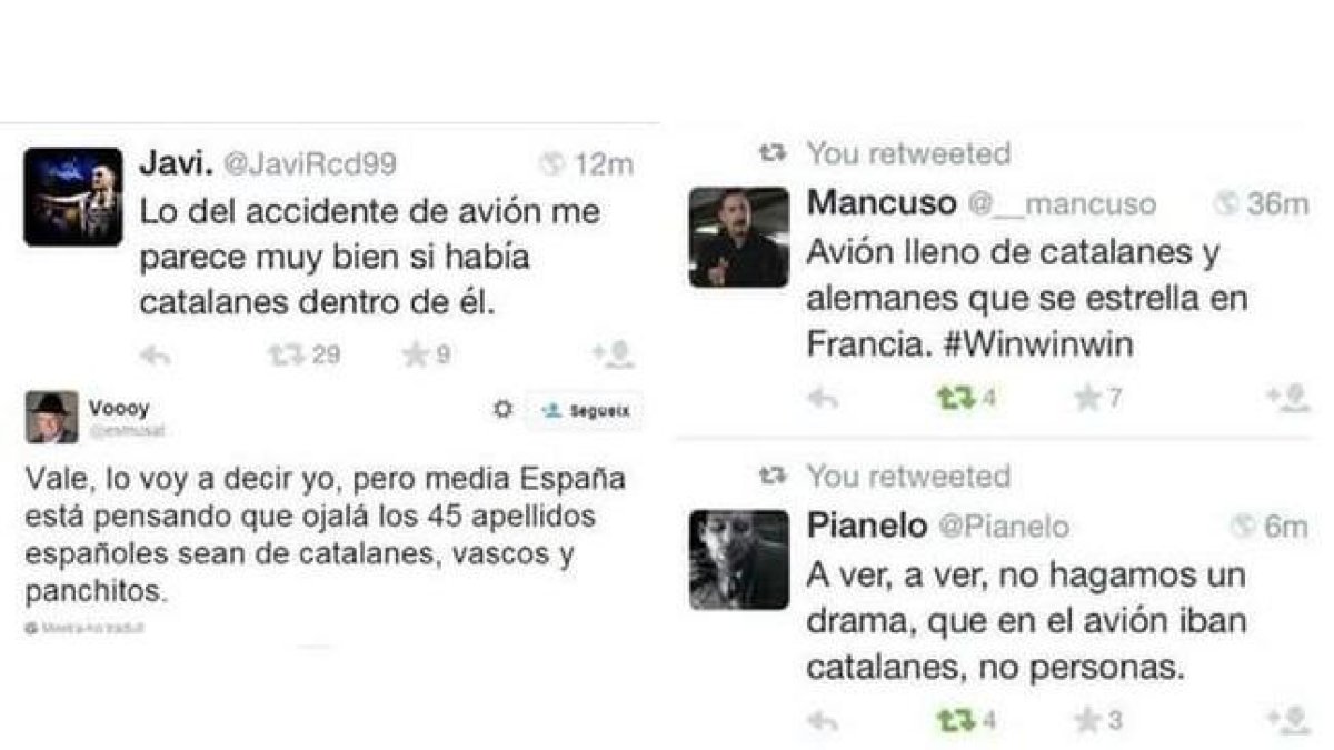 Algunos ejemplos de tuits catalanófobos tras la tragedia de Germanwings.