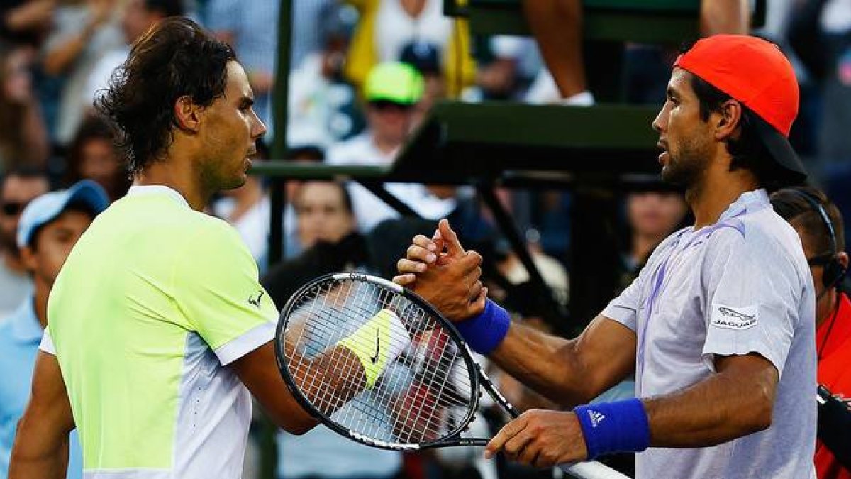 Rafael Nadal felicita a Fernando Verdasco tras caer ante el madrileño en tercera ronda del Master 1.000 de Miami.