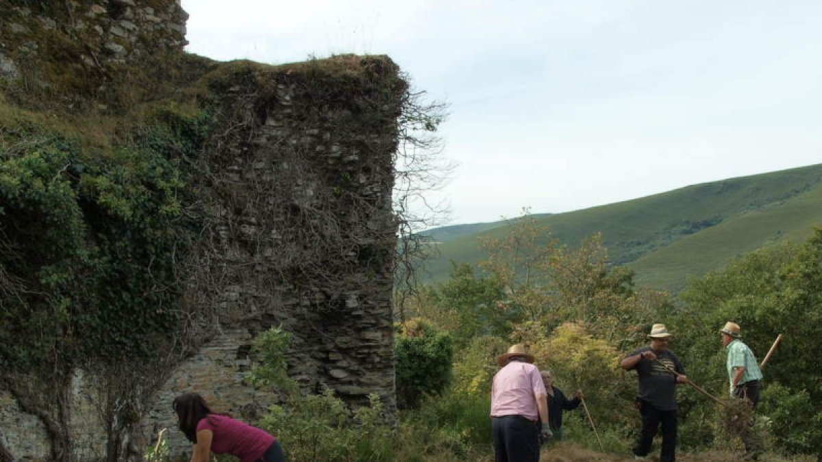 Voluntarios, ayer limpiando la maleza del castillo de Balboa. DL