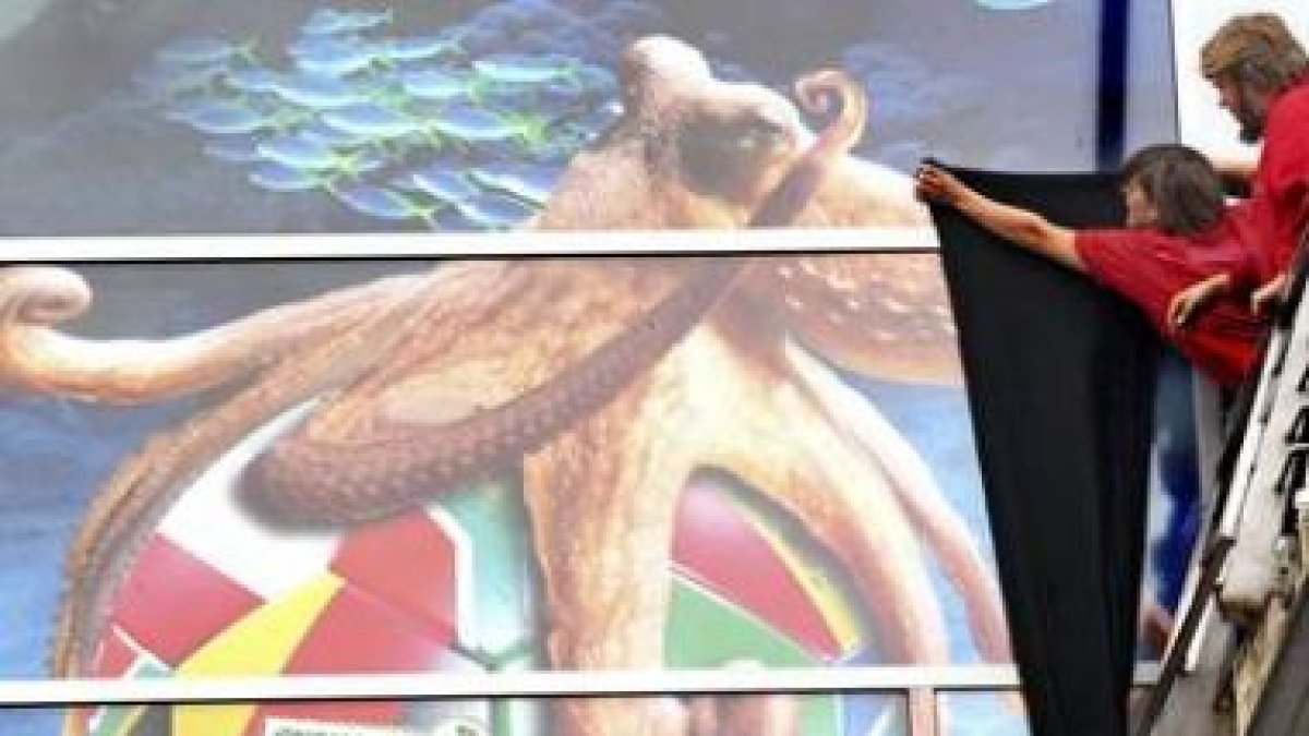 Gabi Barke, cuidador de Paul, coloca un crespón negro en el cartel del acuario de Oberhausen.
