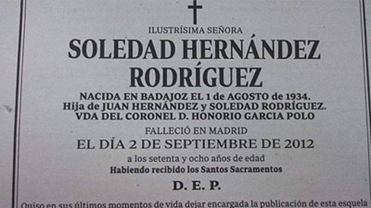 La esquela de Soledad Hernández Rodríguez, publicada el 1 de octubre en 'ABC'.