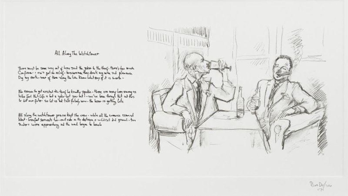 La letra manuscrita de All along the watchtower y su correspondiente dibujo.