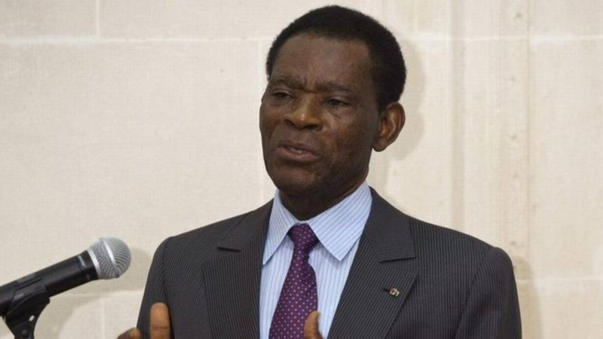 El presidente de Guinea Ecuatorial, Teodoro Obiang, durante su conferencia en el Instituto Cervantes de Bruselas.