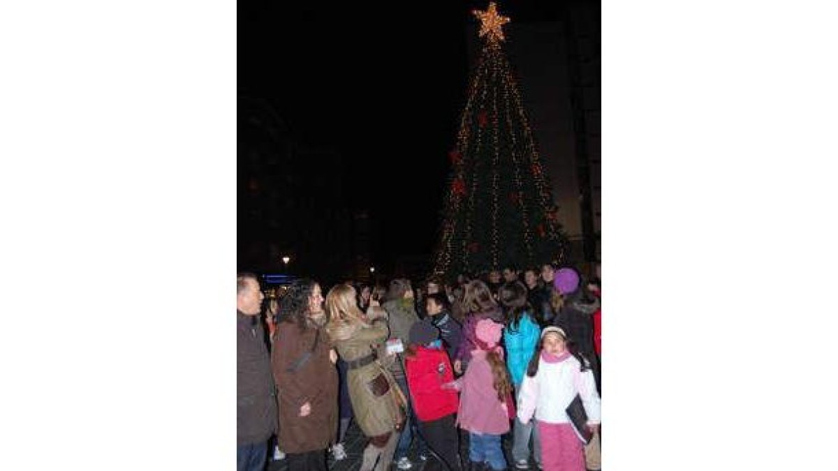 Los niños miran el gran árbol navideño al encender sus luces.