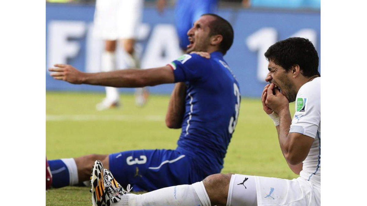 Chiellini, tras recibir un mordisco de Luis Suárez en Brasil.