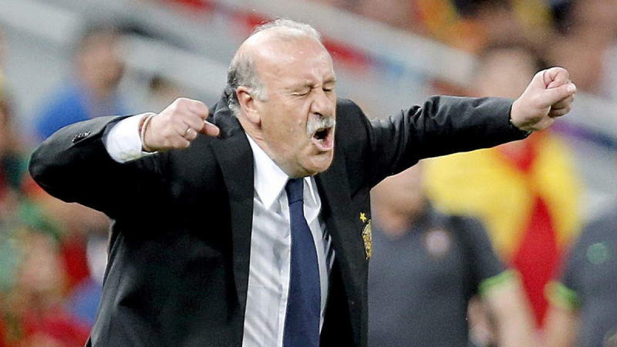 Vicente del Bosque gesticula durante el último partido de España ante Portugal.