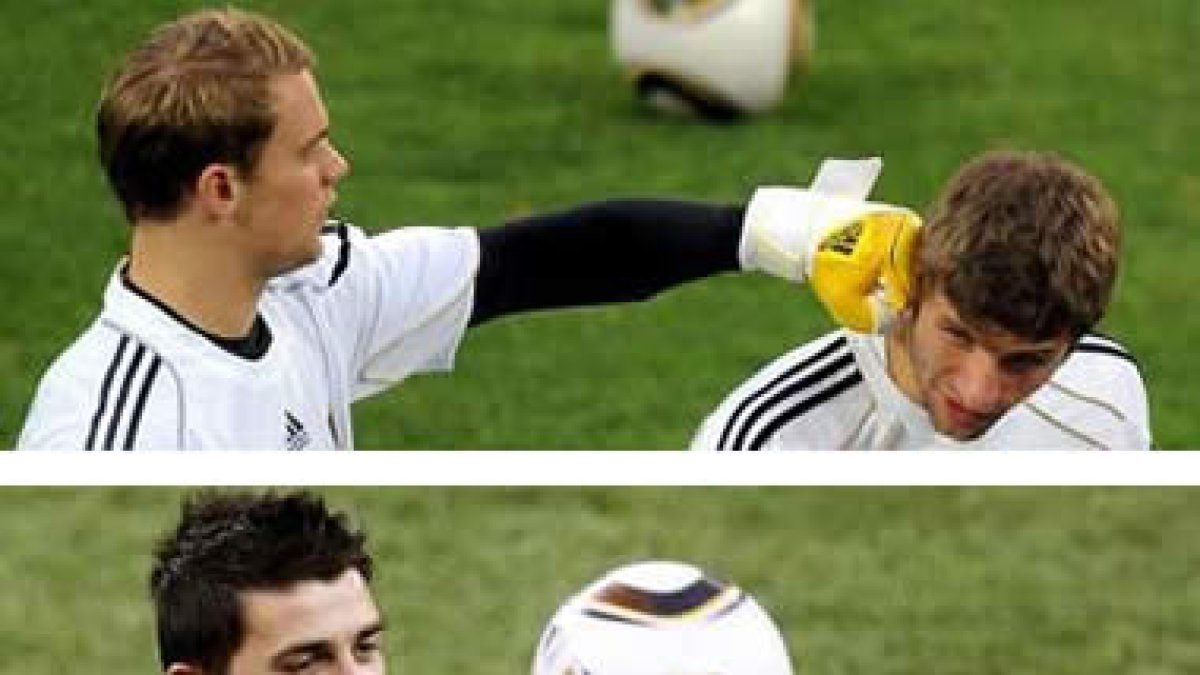 Arriba los germanos Neuer y Mueller bromean en un entrenamiento. Abajo, Villa, el máximo goleador