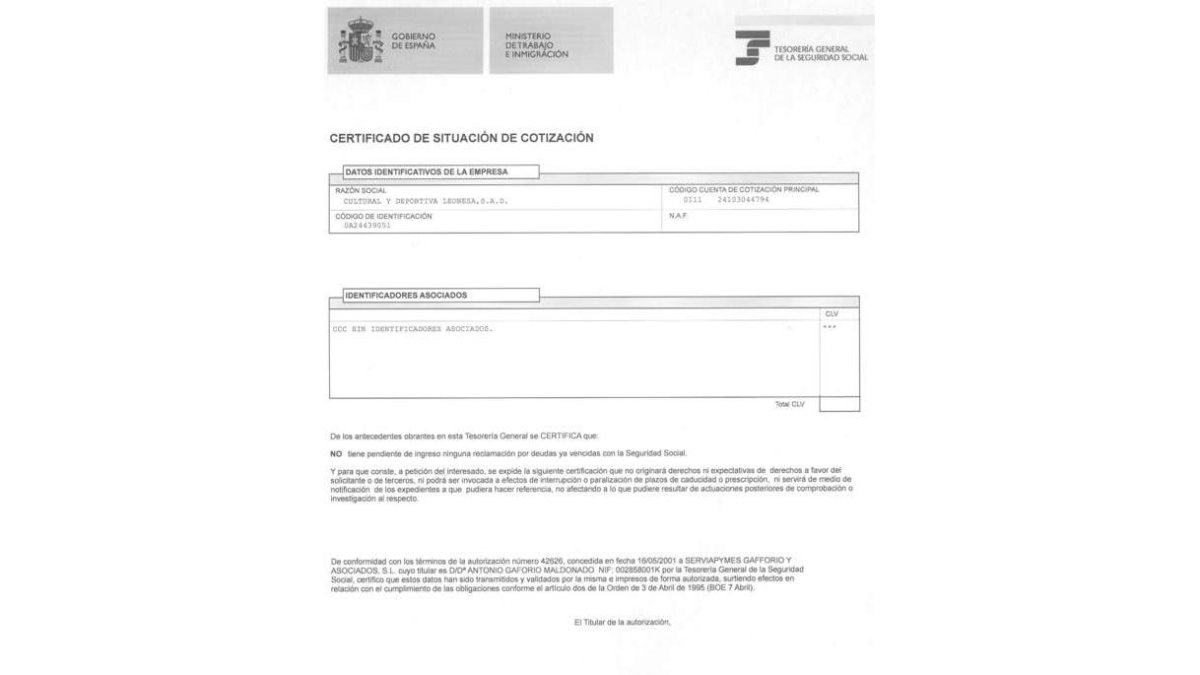 Certificado de la Tesorería a favor de la Cultural. (Click para ampliar)