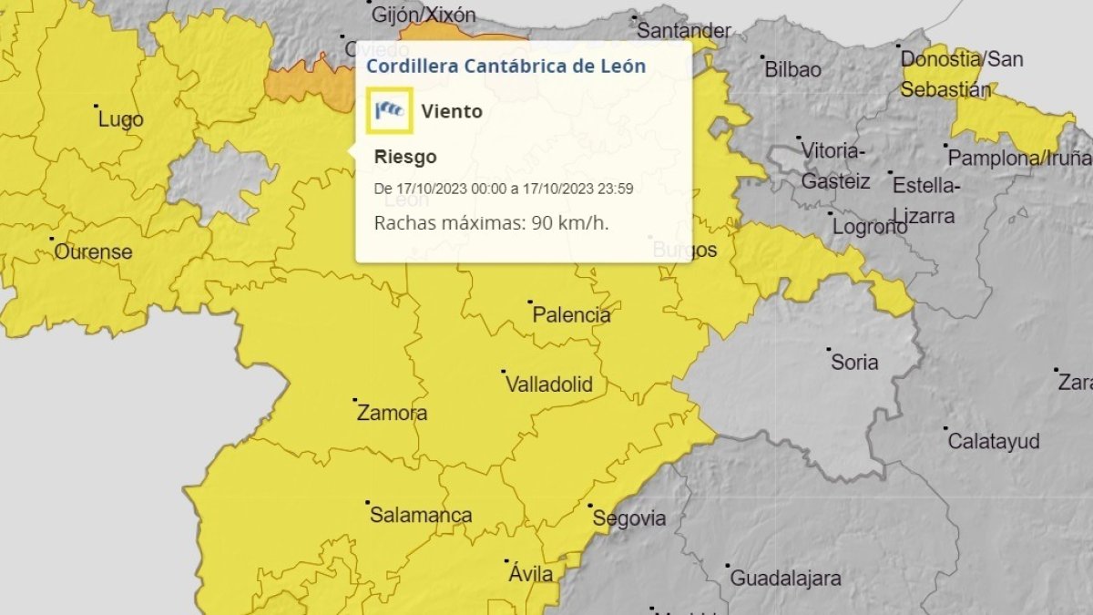 León está en alerta amarilla por fuertes vientos. AEMET