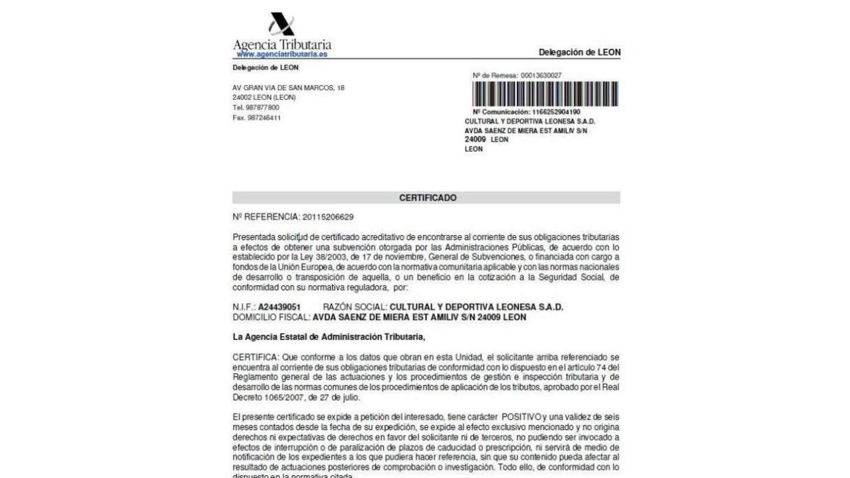 El certificado de Hacienda ya está en poder de la Cultural.