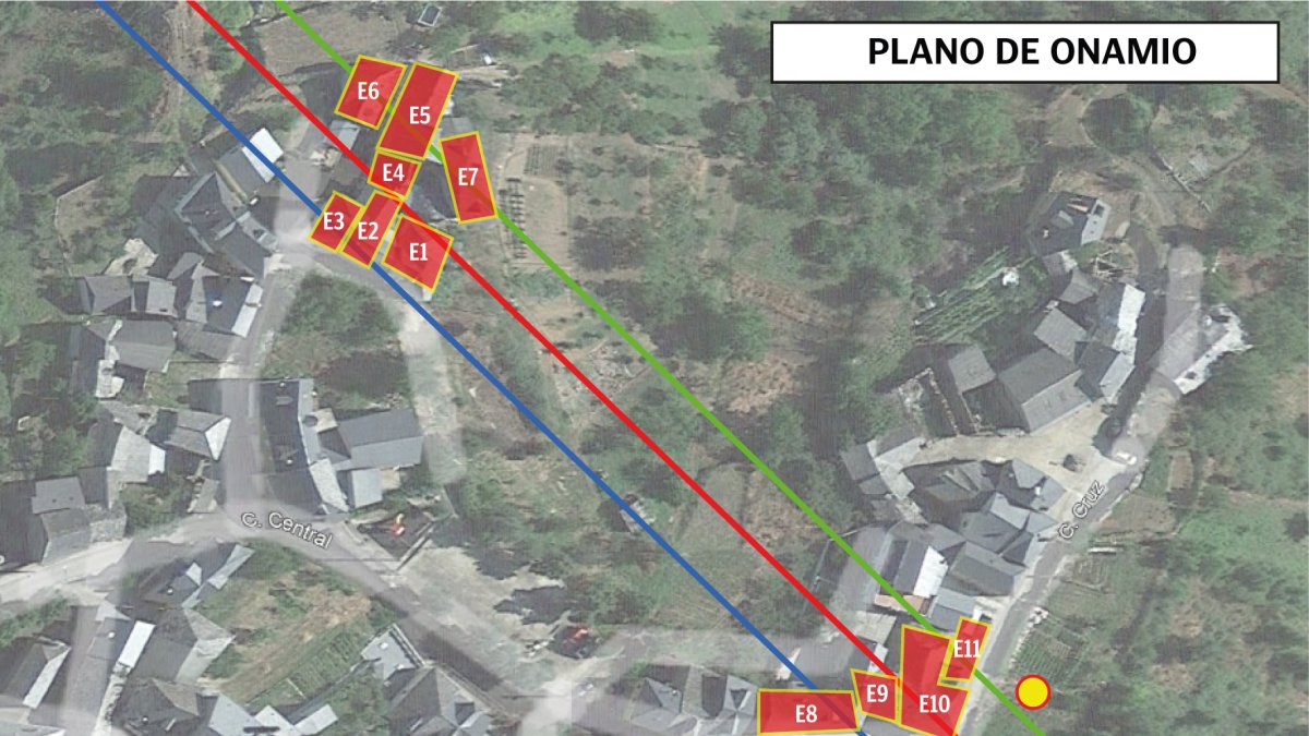 Plano de Onamio don el trazado de la galería de la mina de hierro y las agrupaciones de viviendas afectadas. DL