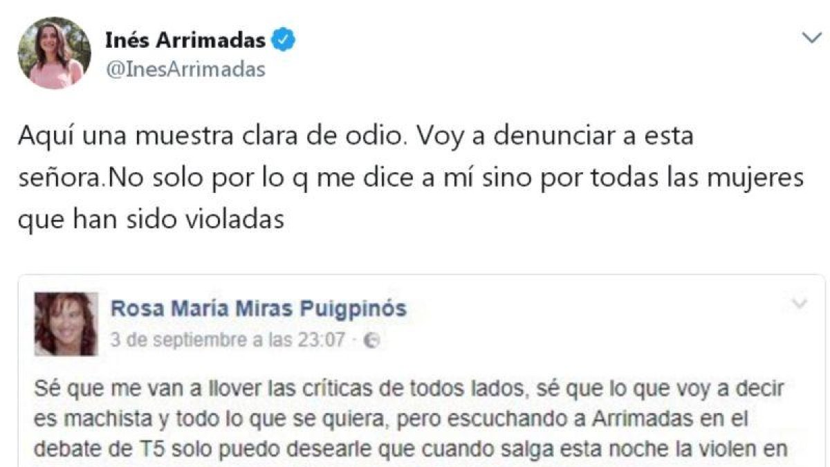 Tuit de Inés Arrimadas en que anuncia que denunciará a la internauta que desea que la violen.