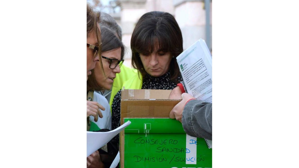 Los responsables de Satse, ayer, entregando las firmas.