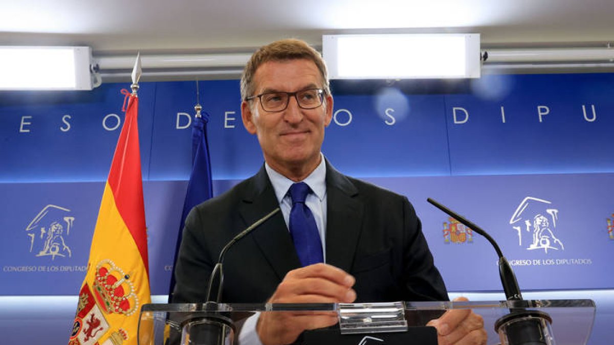 El presidente del PP, Alberto Núñez Feijóo, durante la rueda de prensa ofrecida este martes en el Congreso. EFE / Zipi
