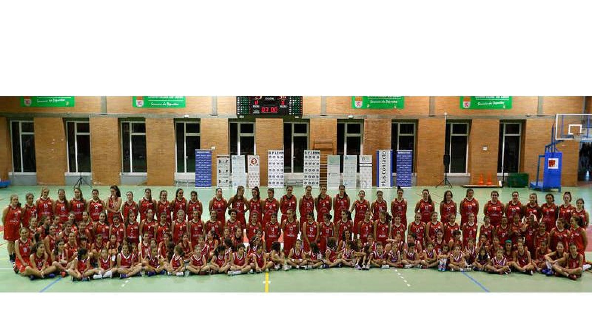 Foto de familia de todas las integrantes del ULE Baloncesto Femenino León, un club que cuenta con 130 jugadoras.