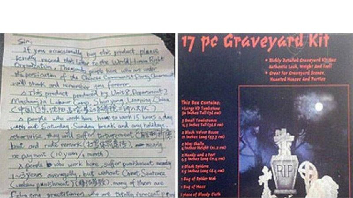 A la izquierda, la carta del trabajador chino hallada en la caja del juguete de la derecha.