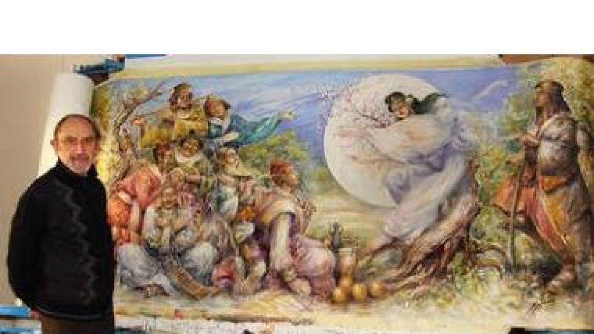 El pintor Rafael Boluda posa ante una de las obras que podrán verse desde hoy en galería Bernesga.