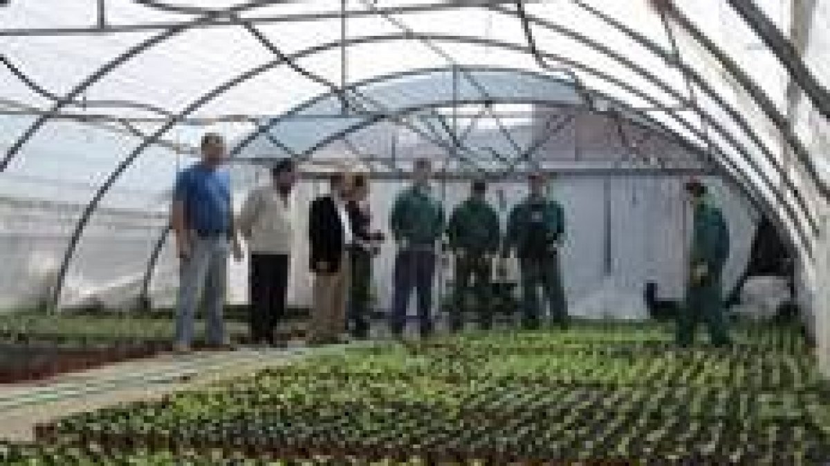 Alumnos del curso de jardines, junto al alcalde, en el vivero de las escuelas de El Polvorín