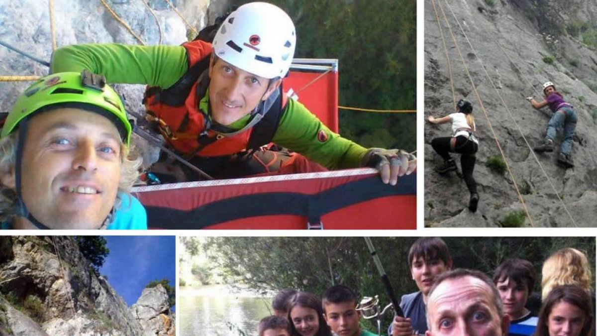 Kike Calleja con sus alumnos y su hermano Jesús en alguna de las actividades de verano que organiza con  su escuela de educación y aventura. Una iniciación a la escalada, el rápel, la espeleología, la supervivencia y la orientación.