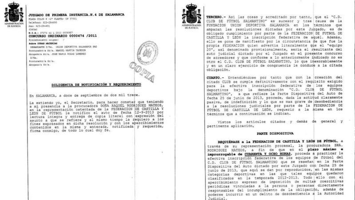 Notificación y parte dispositiva del auto judicial emitido por la jueza del Juzgado de Primera Instancia n.º 4 de Salamanca.