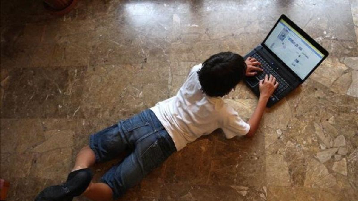 Un niño mira una página de Facebook en un ordenador.