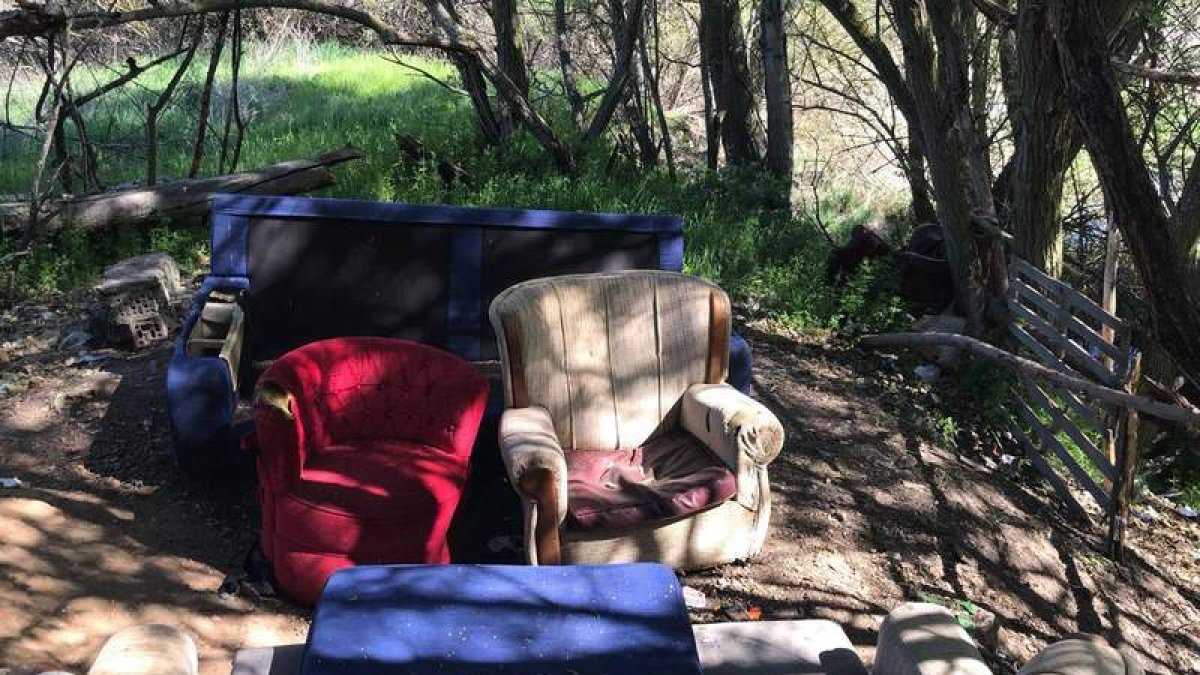 Sofá y sillones que forman ‘un salón’ en pleno paraje para acceder a la Laguna de Las Carrizas. DL