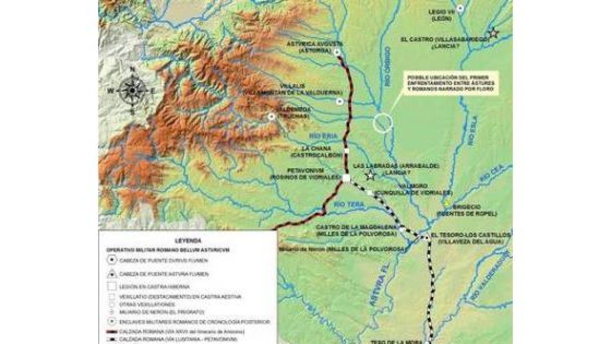 Vista aérea del yacimiento de Lancia, ubicado en Villasabariego; a la derecha, reconstrucción de uno