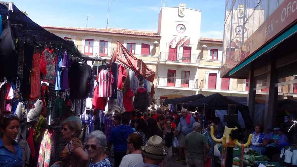 Imagen del mercado que cada jueves se instala en la plaza Mayor de Valencia de Don Juan. DL